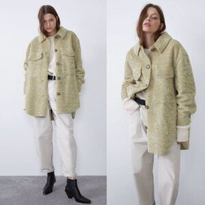 ZARA Shearling Terry Faux Overshirt Shacket in Tan Light Green Size M